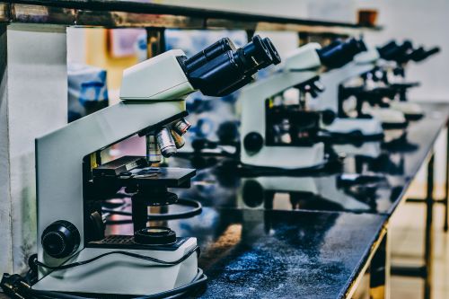 photo of microscopes in a science classroom