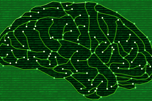 drawing of a brain with lines and lights across it