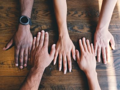 a photo of five hands of various skin colors next to each other