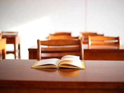 Photo of books in a classroom.